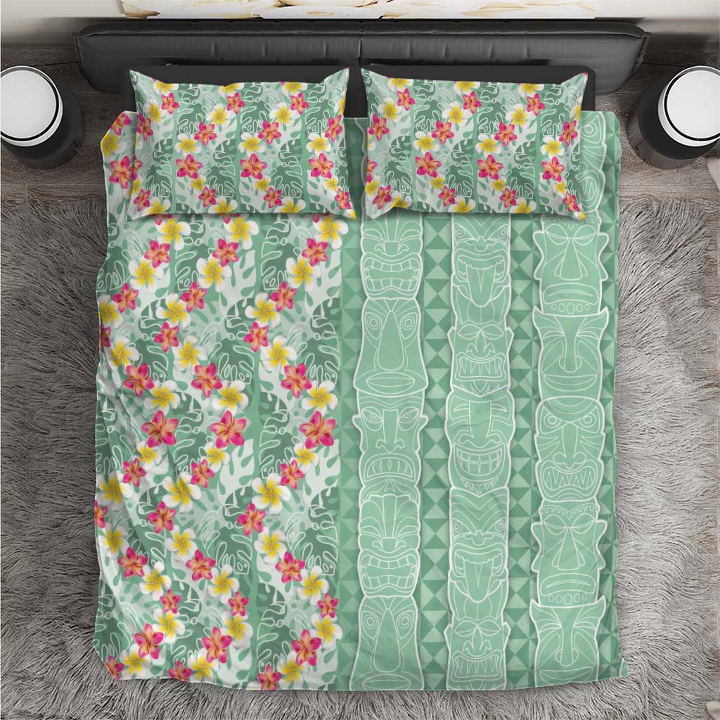 Menthol Green Aloha Hawaii Tiki Bedding Set Tropical Plumeria - Seamless Style