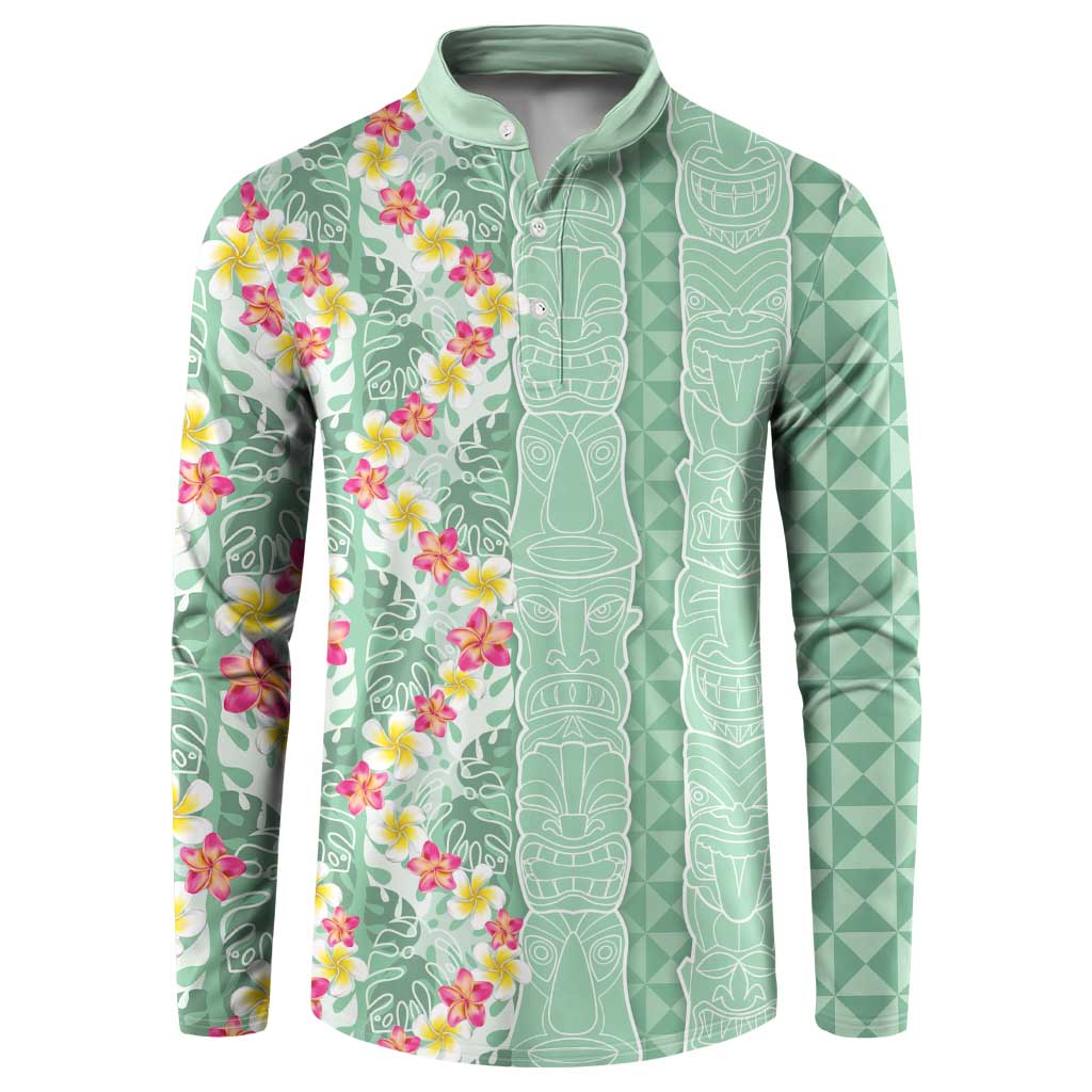 Menthol Green Aloha Hawaii Tiki Button Sweatshirt Tropical Plumeria - Seamless Style LT14 Green - Polynesian Pride