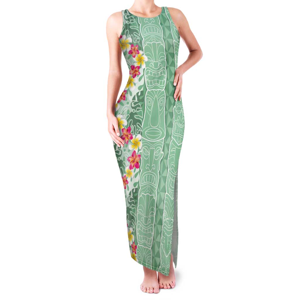 Menthol Green Aloha Hawaii Tiki Tank Maxi Dress Tropical Plumeria - Seamless Style