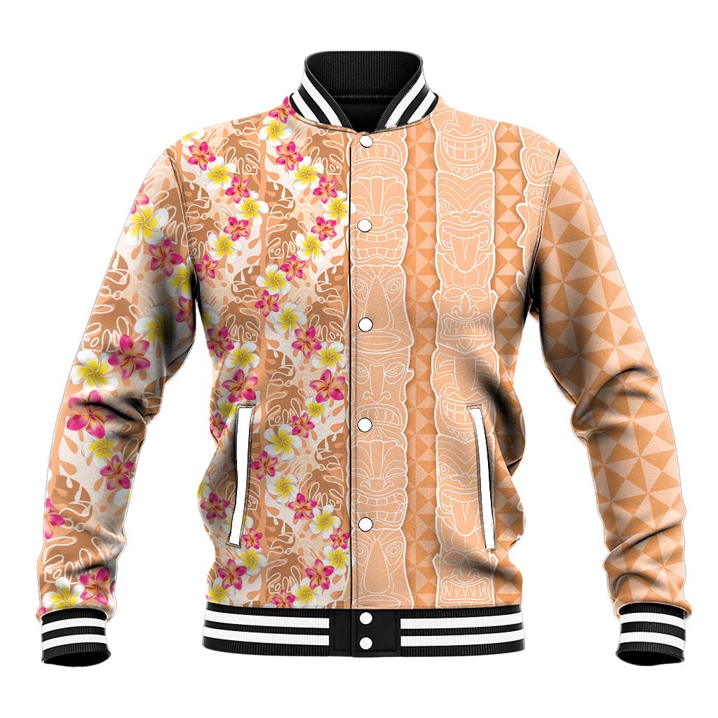Orange Chiffon Aloha Hawaii Tiki Baseball Jacket Tropical Plumeria - Seamless Style LT14 Unisex Orange - Polynesian Pride