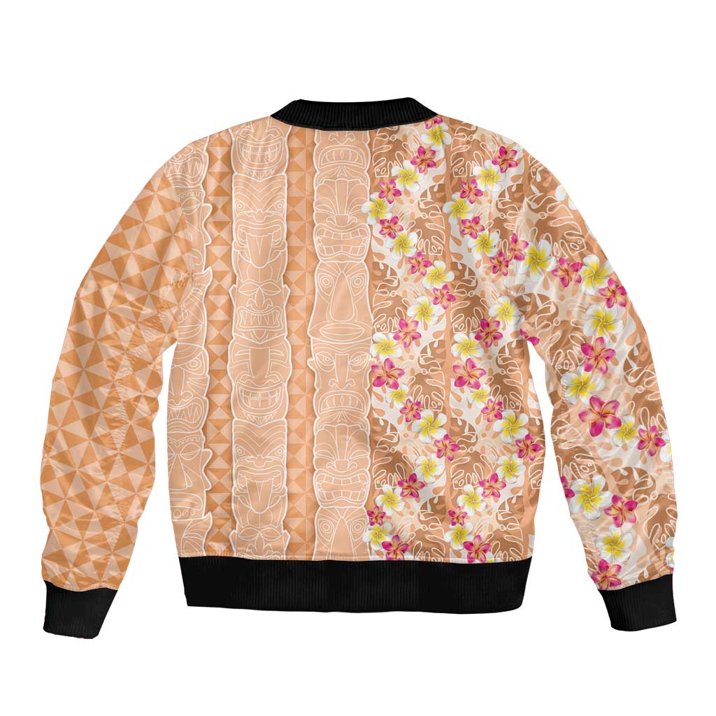 Orange Chiffon Aloha Hawaii Tiki Sleeve Zip Bomber Jacket Tropical Plumeria - Seamless Style LT14 - Polynesian Pride