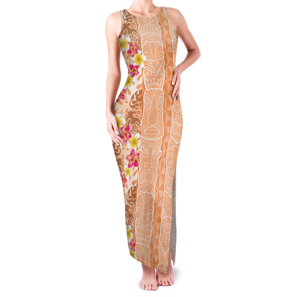 Orange Chiffon Aloha Hawaii Tiki Tank Maxi Dress Tropical Plumeria - Seamless Style