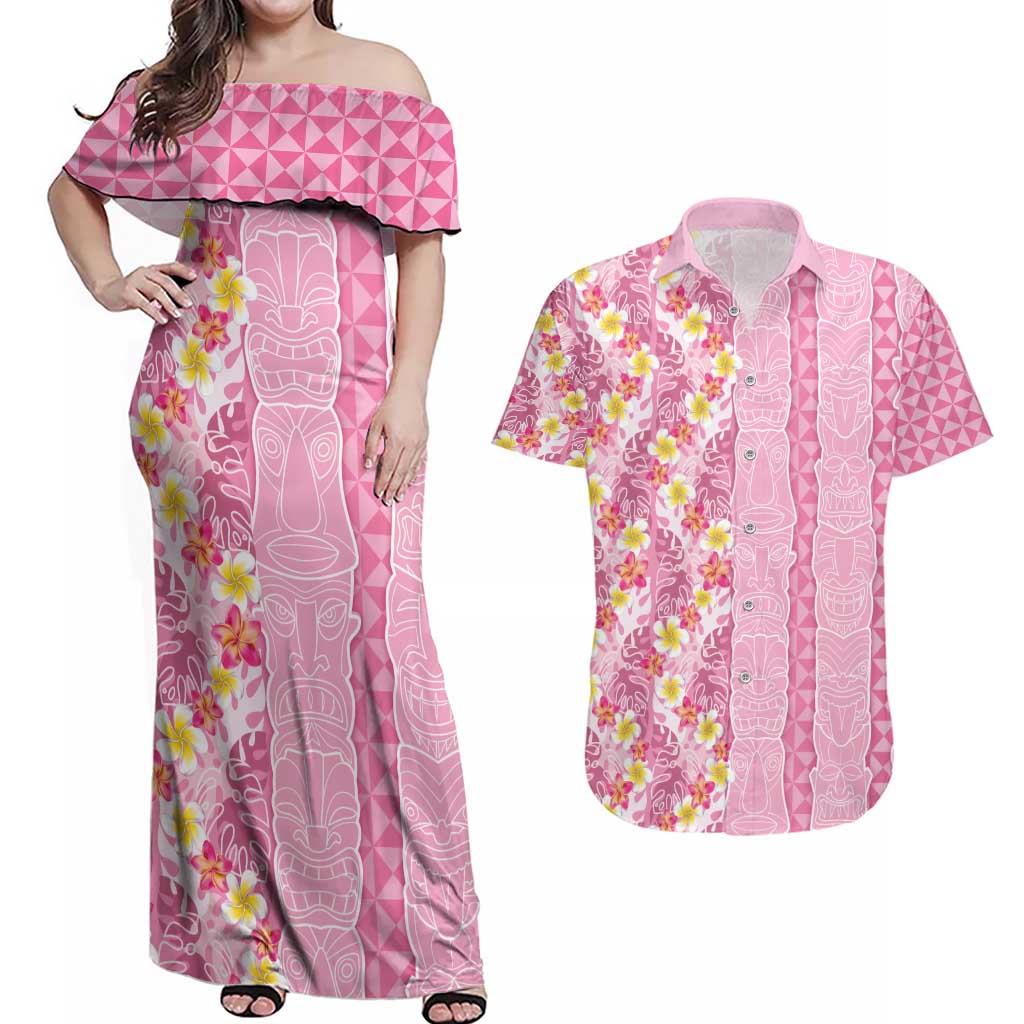 Pastel Magenta Aloha Hawaii Tiki Couples Matching Off Shoulder Maxi Dress and Hawaiian Shirt Tropical Plumeria - Seamless Style