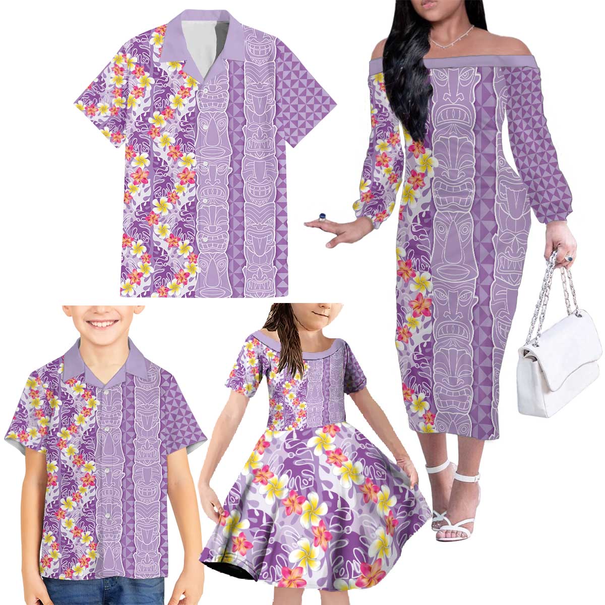 Lush Lilac Aloha Hawaii Tiki Family Matching Off The Shoulder Long Sleeve Dress and Hawaiian Shirt Tropical Plumeria - Seamless Style