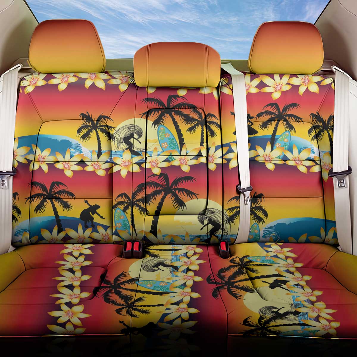 Tropical Islands Sunset Hawaii Back Car Seat Cover Go Surfing With Hula Girl - Summer Vibes LT14 One Size Red - Polynesian Pride