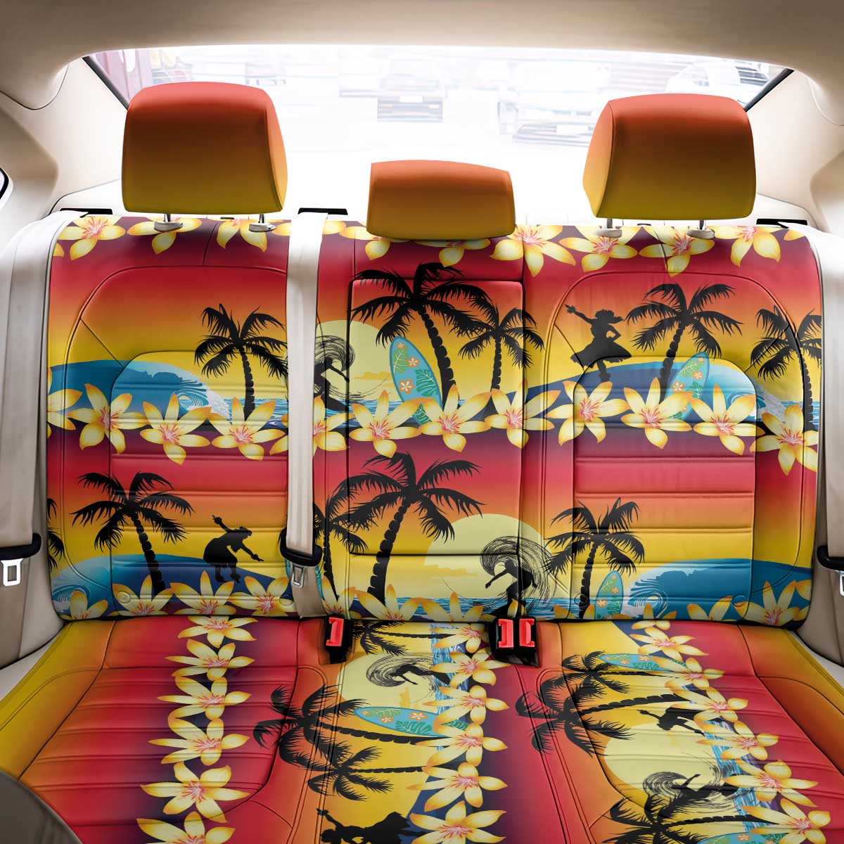 Tropical Islands Sunset Hawaii Back Car Seat Cover Go Surfing With Hula Girl - Summer Vibes LT14 - Polynesian Pride