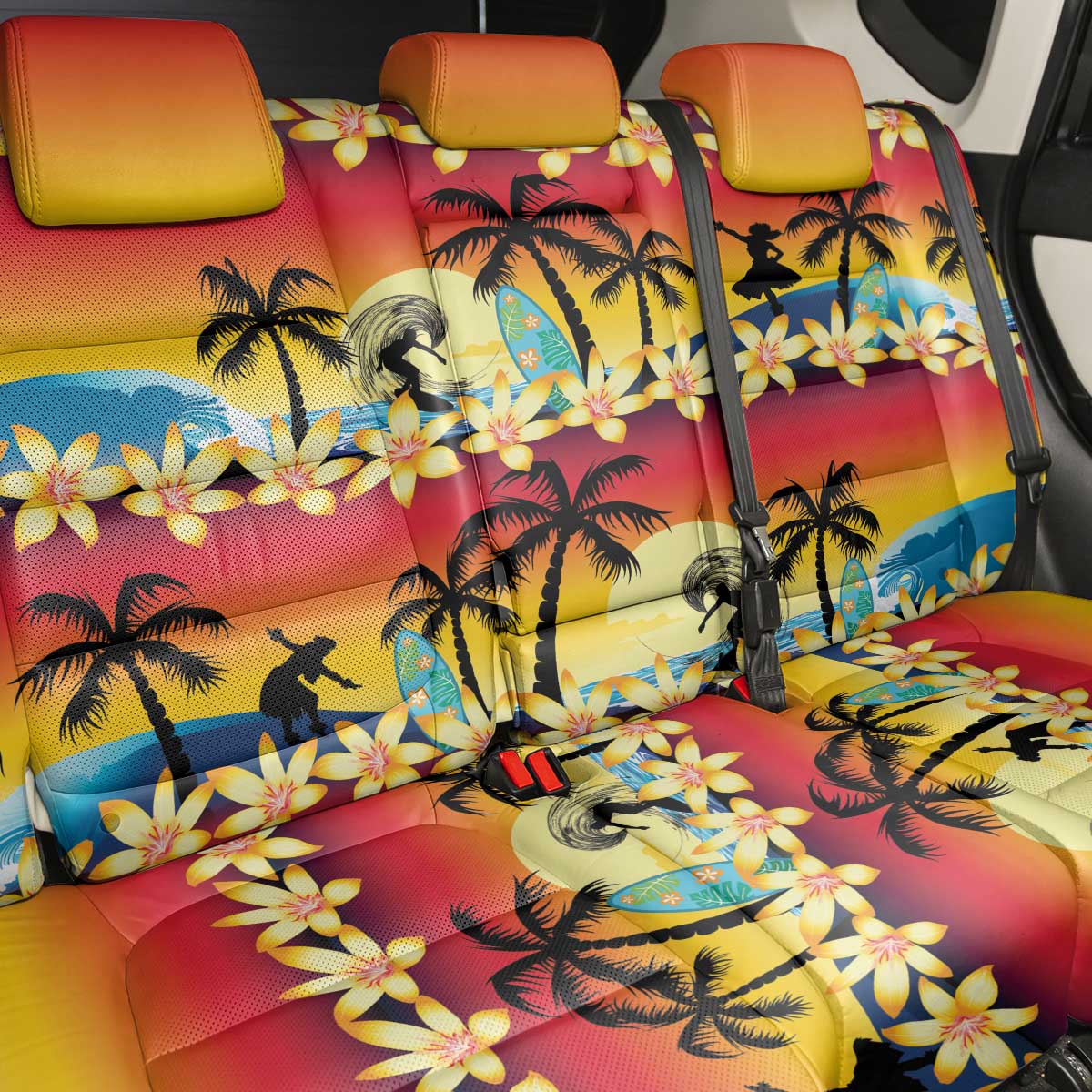 Tropical Islands Sunset Hawaii Back Car Seat Cover Go Surfing With Hula Girl - Summer Vibes LT14 - Polynesian Pride
