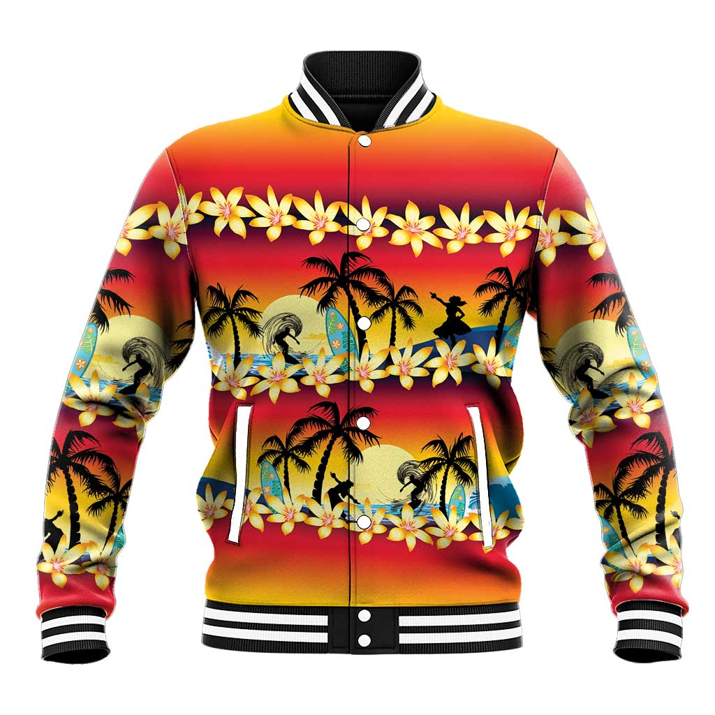 Tropical Islands Sunset Hawaii Baseball Jacket Go Surfing With Hula Girl - Summer Vibes LT14 Unisex Red - Polynesian Pride