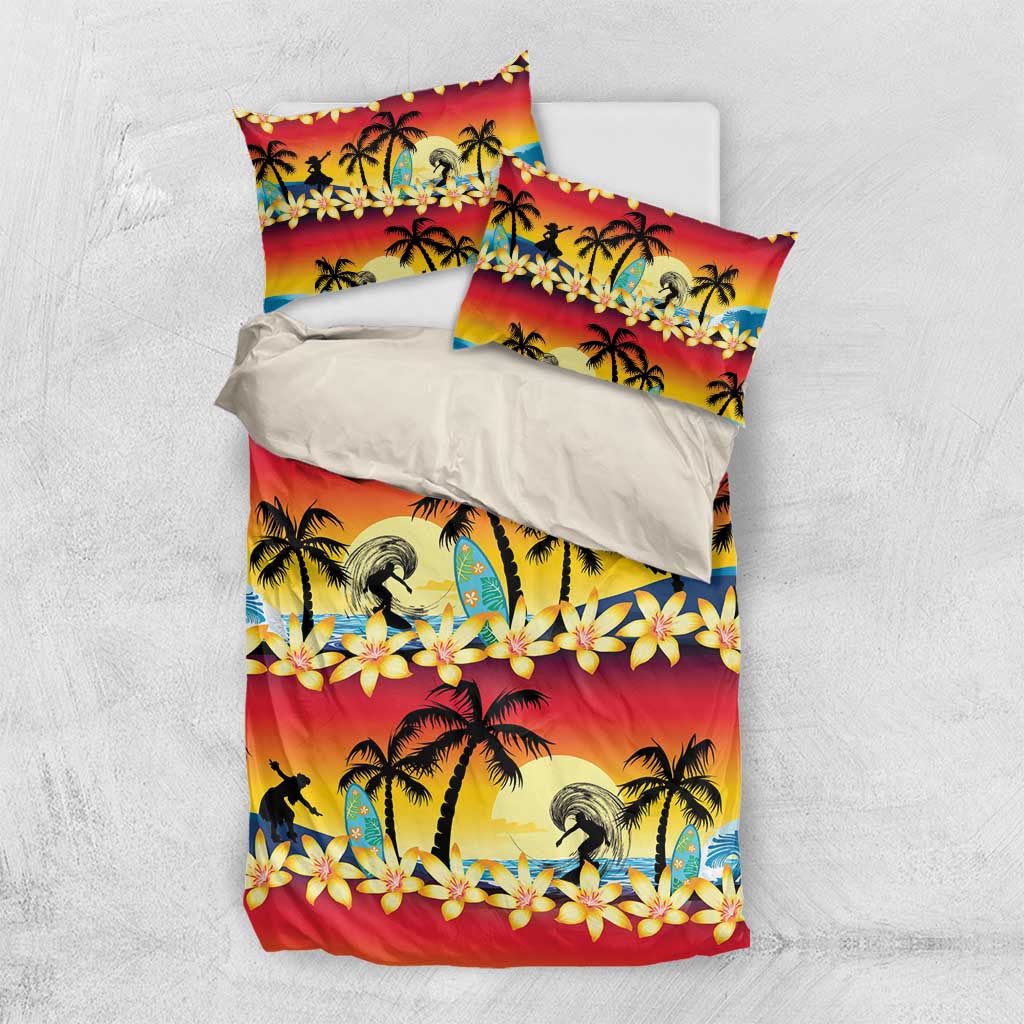Tropical Islands Sunset Hawaii Bedding Set Go Surfing With Hula Girl - Summer Vibes LT14 US Twin 172cm x 218cm Red - Polynesian Pride