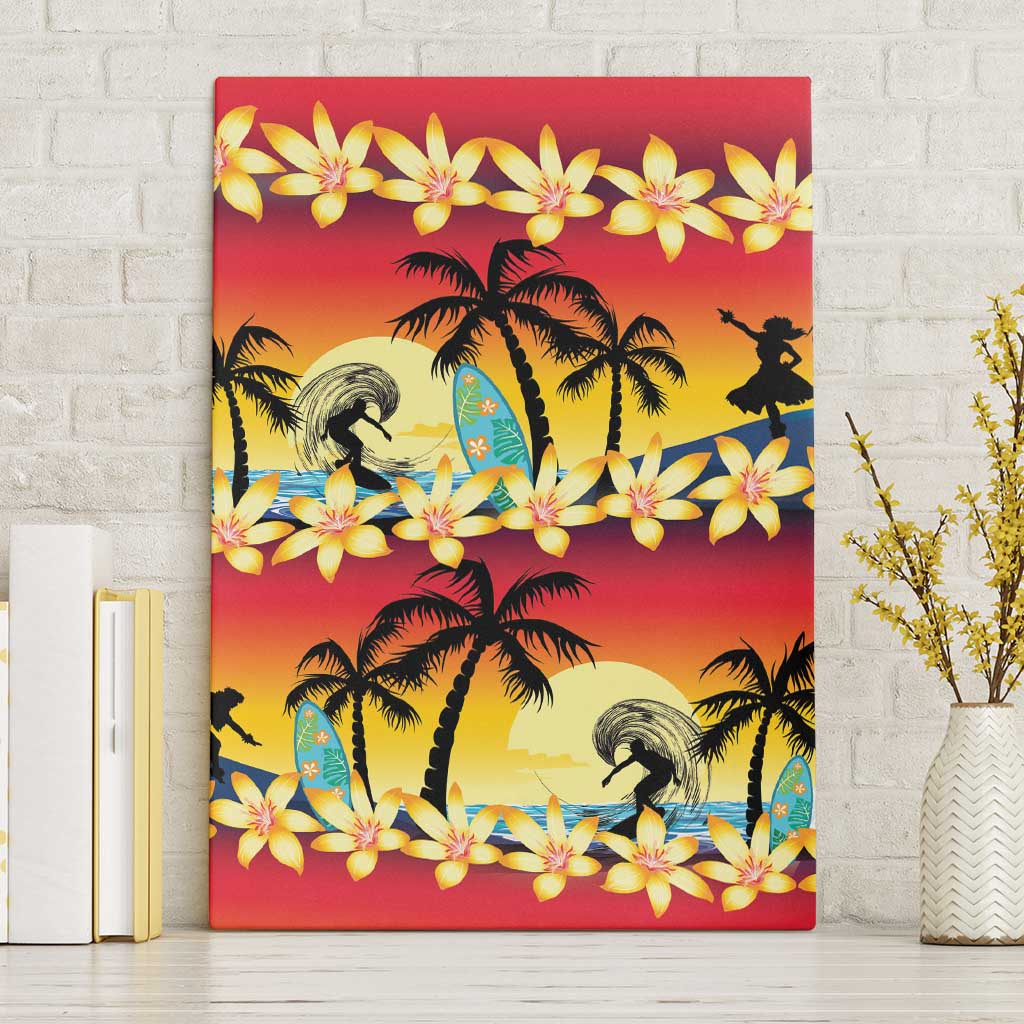 Tropical Islands Sunset Hawaii Canvas Wall Art Go Surfing With Hula Girl - Summer Vibes