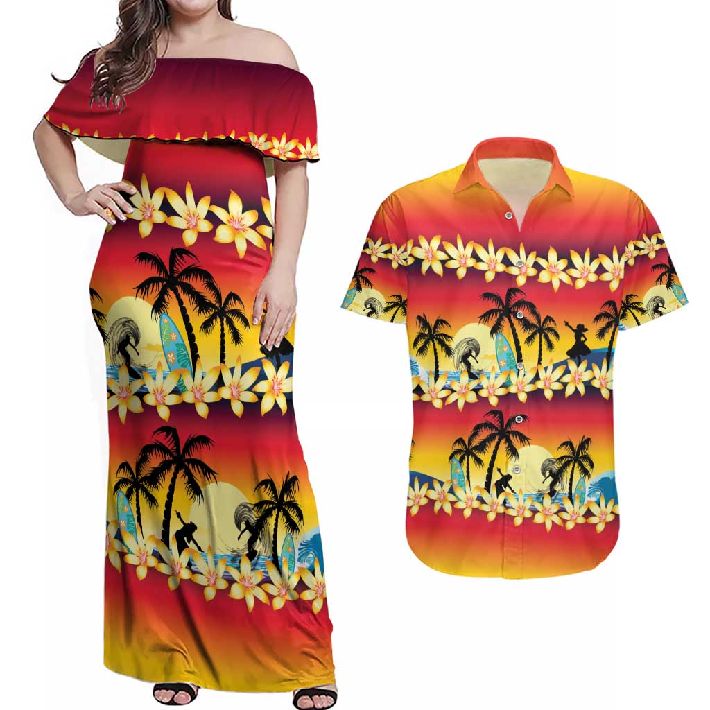 Tropical Islands Sunset Hawaii Couples Matching Off Shoulder Maxi Dress and Hawaiian Shirt Go Surfing With Hula Girl - Summer Vibes