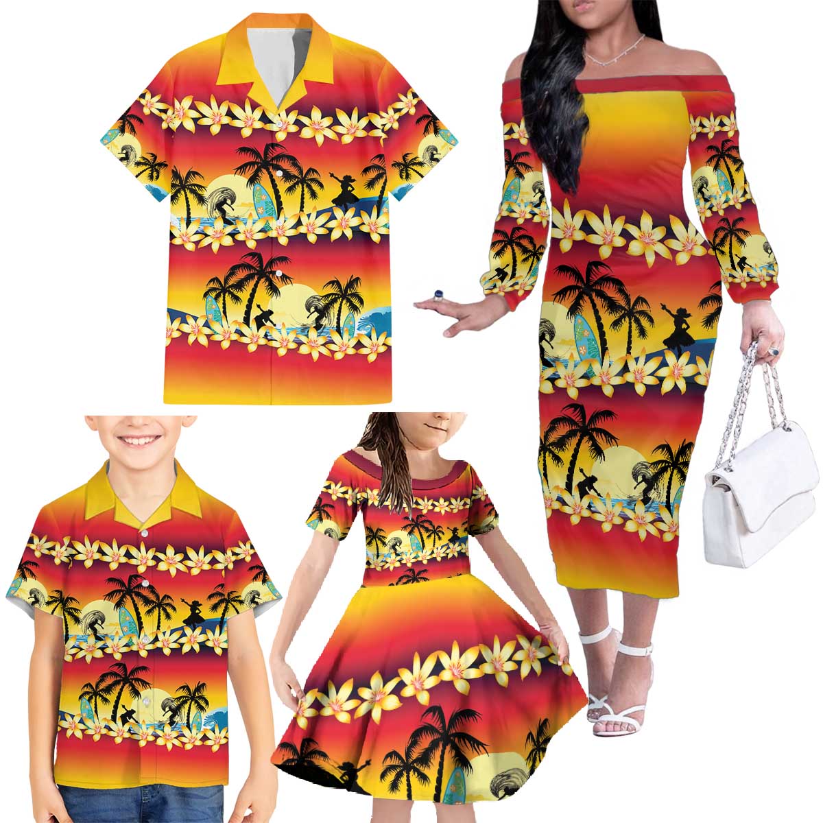 Tropical Islands Sunset Hawaii Family Matching Off The Shoulder Long Sleeve Dress and Hawaiian Shirt Go Surfing With Hula Girl - Summer Vibes