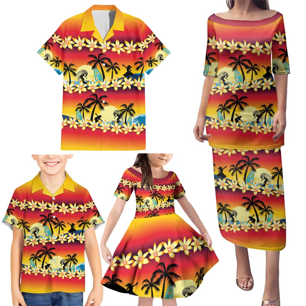 Tropical Islands Sunset Hawaii Family Matching Puletasi and Hawaiian Shirt Go Surfing With Hula Girl - Summer Vibes