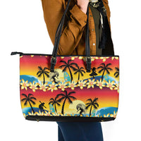 Tropical Islands Sunset Hawaii Leather Tote Bag Go Surfing With Hula Girl - Summer Vibes LT14 - Polynesian Pride