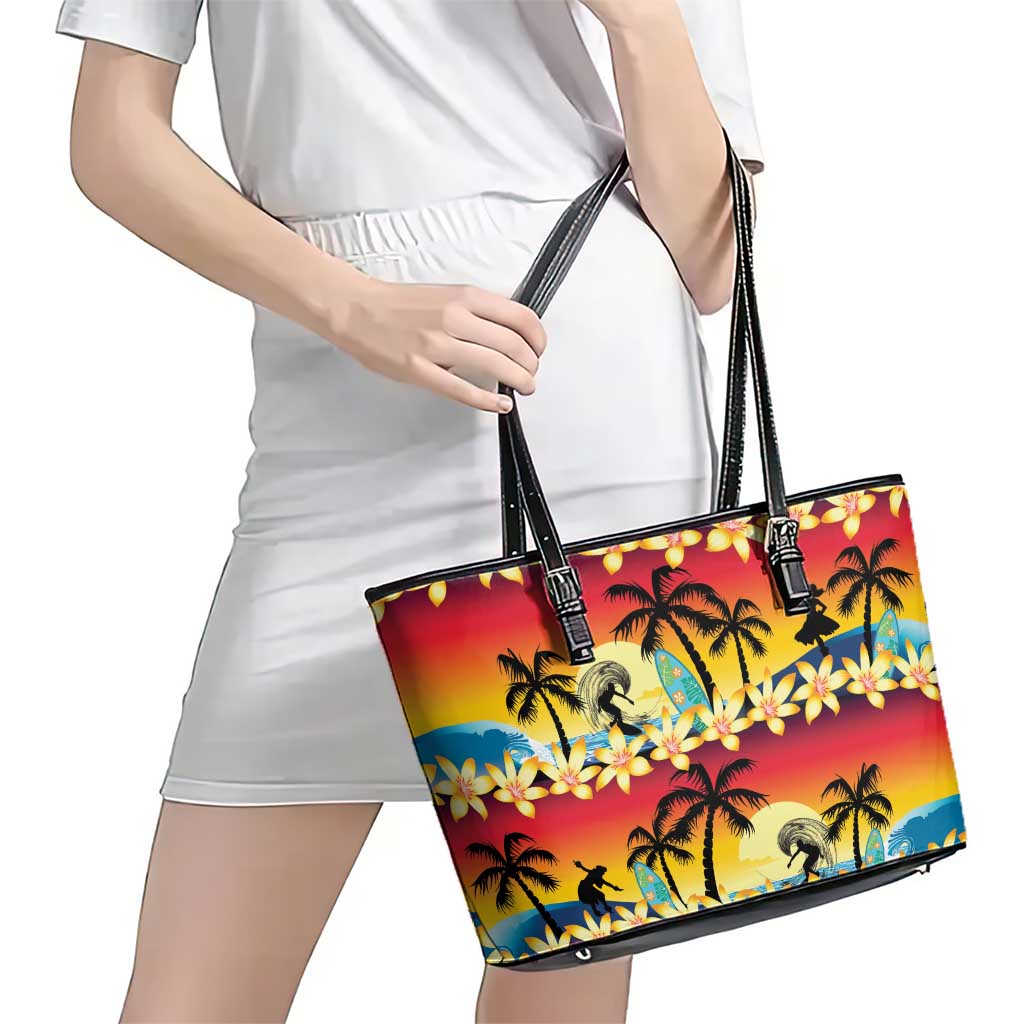 Tropical Islands Sunset Hawaii Leather Tote Bag Go Surfing With Hula Girl - Summer Vibes LT14 - Polynesian Pride