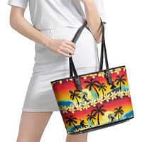 Tropical Islands Sunset Hawaii Leather Tote Bag Go Surfing With Hula Girl - Summer Vibes LT14 - Polynesian Pride