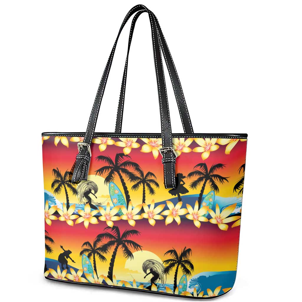 Tropical Islands Sunset Hawaii Leather Tote Bag Go Surfing With Hula Girl - Summer Vibes LT14 - Polynesian Pride