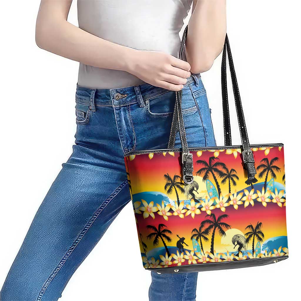 Tropical Islands Sunset Hawaii Leather Tote Bag Go Surfing With Hula Girl - Summer Vibes LT14 - Polynesian Pride