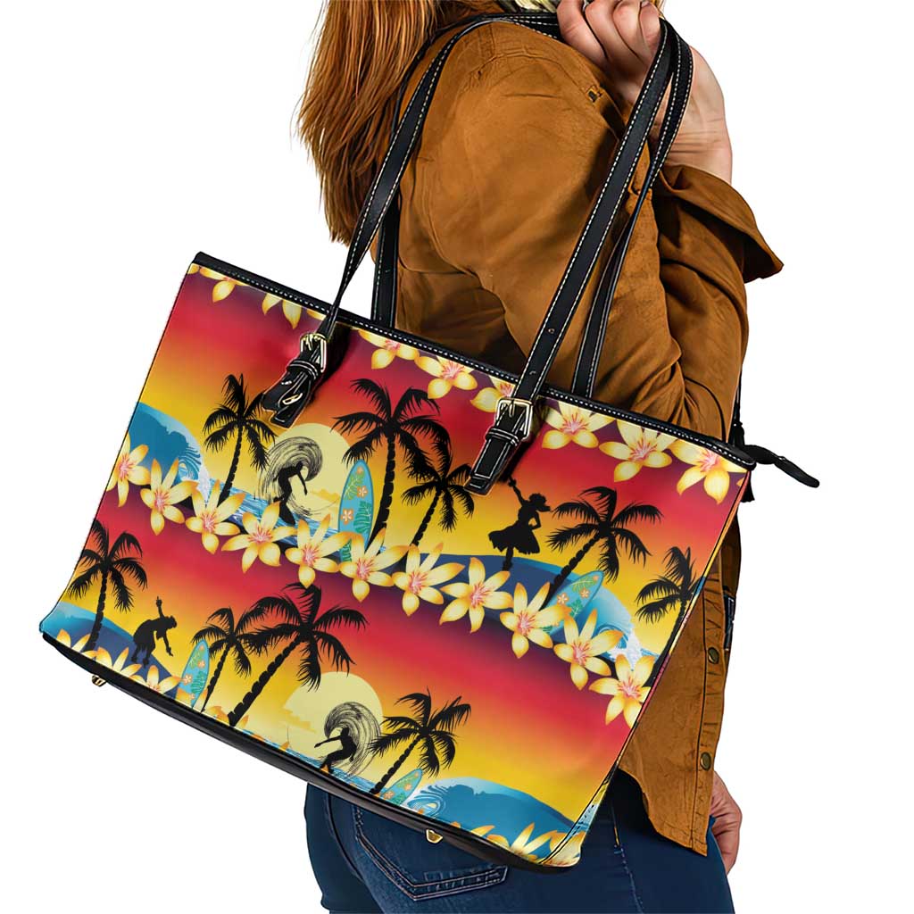 Tropical Islands Sunset Hawaii Leather Tote Bag Go Surfing With Hula Girl - Summer Vibes LT14 - Polynesian Pride