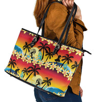 Tropical Islands Sunset Hawaii Leather Tote Bag Go Surfing With Hula Girl - Summer Vibes LT14 - Polynesian Pride