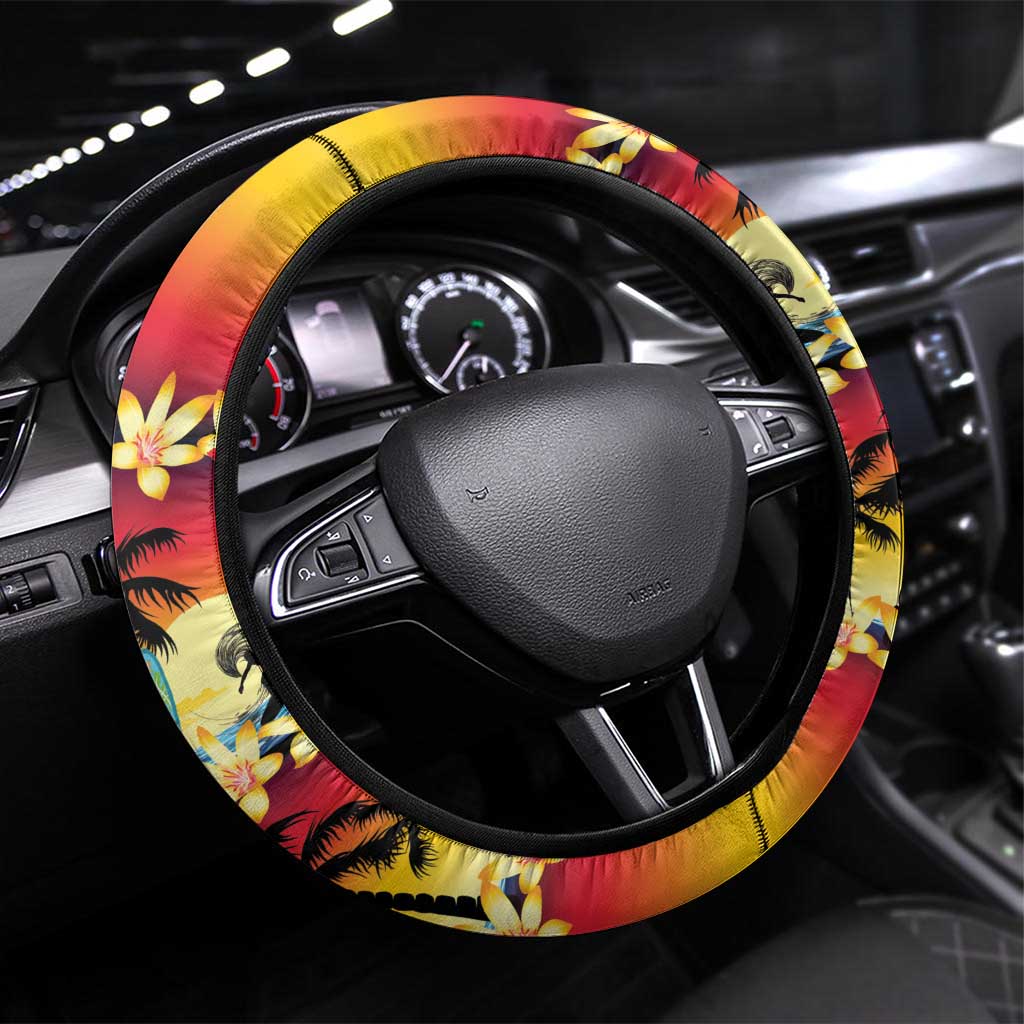 Tropical Islands Sunset Hawaii Steering Wheel Cover Go Surfing With Hula Girl - Summer Vibes