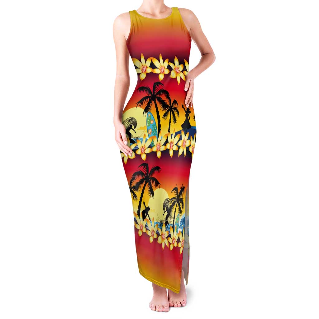 Tropical Islands Sunset Hawaii Tank Maxi Dress Go Surfing With Hula Girl - Summer Vibes