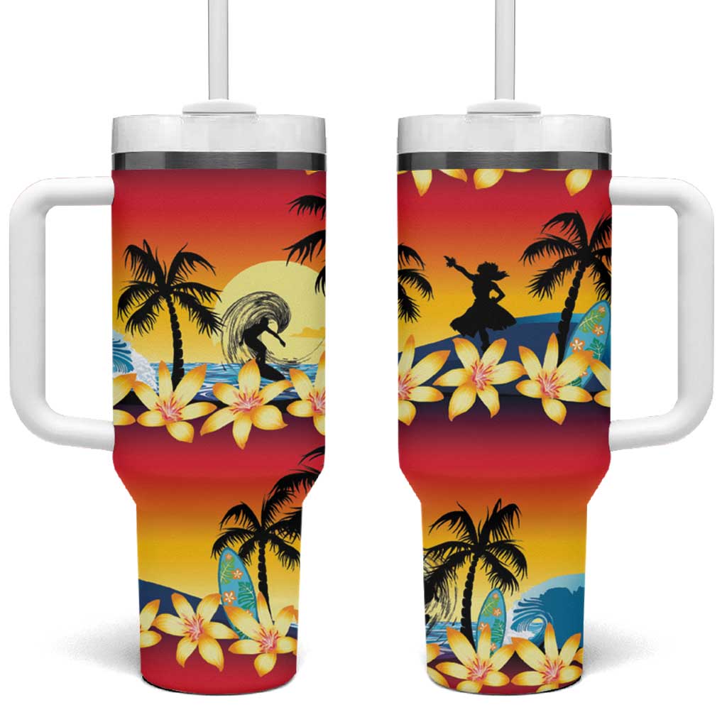 Tropical Islands Sunset Hawaii Tumbler With Handle Go Surfing With Hula Girl - Summer Vibes LT14 One Size: 40 oz Red - Polynesian Pride