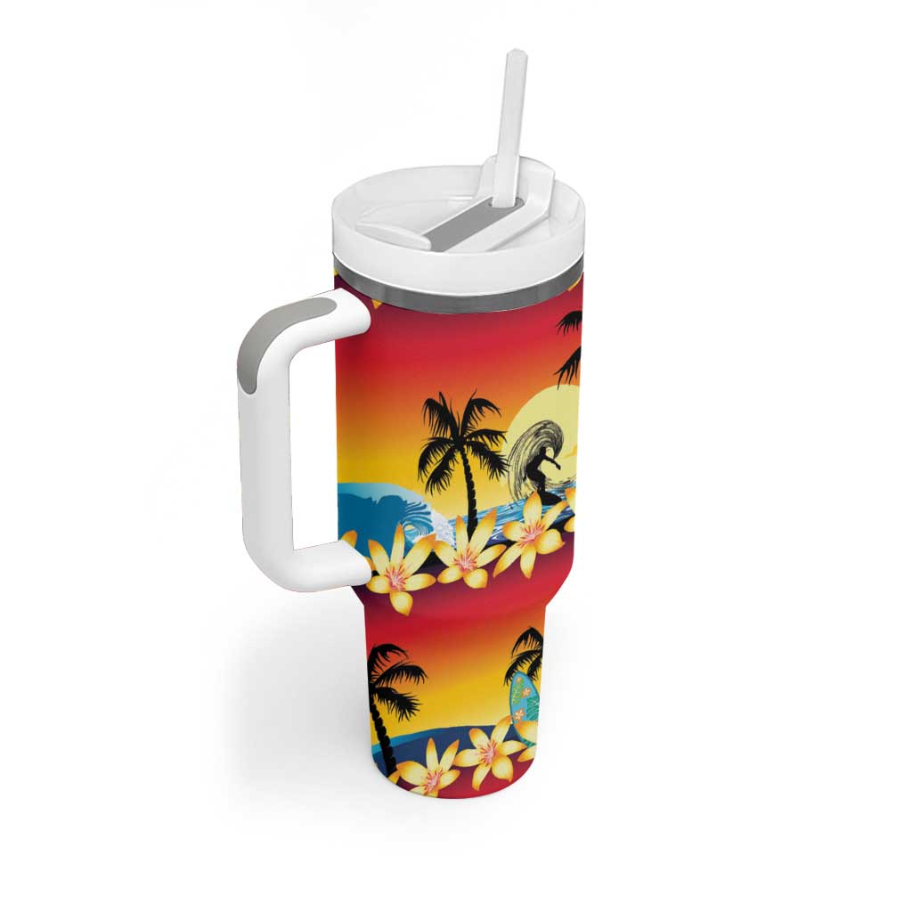 Tropical Islands Sunset Hawaii Tumbler With Handle Go Surfing With Hula Girl - Summer Vibes LT14 - Polynesian Pride