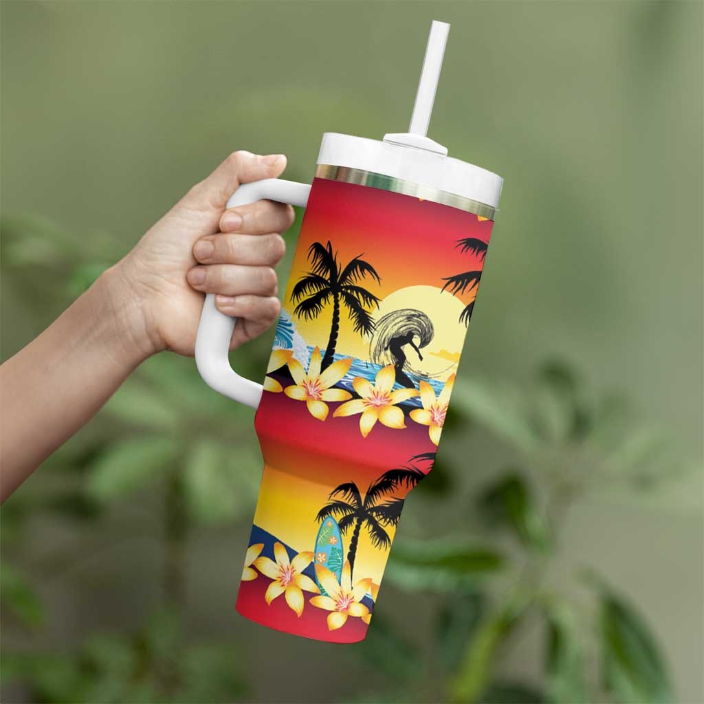 Tropical Islands Sunset Hawaii Tumbler With Handle Go Surfing With Hula Girl - Summer Vibes LT14 - Polynesian Pride