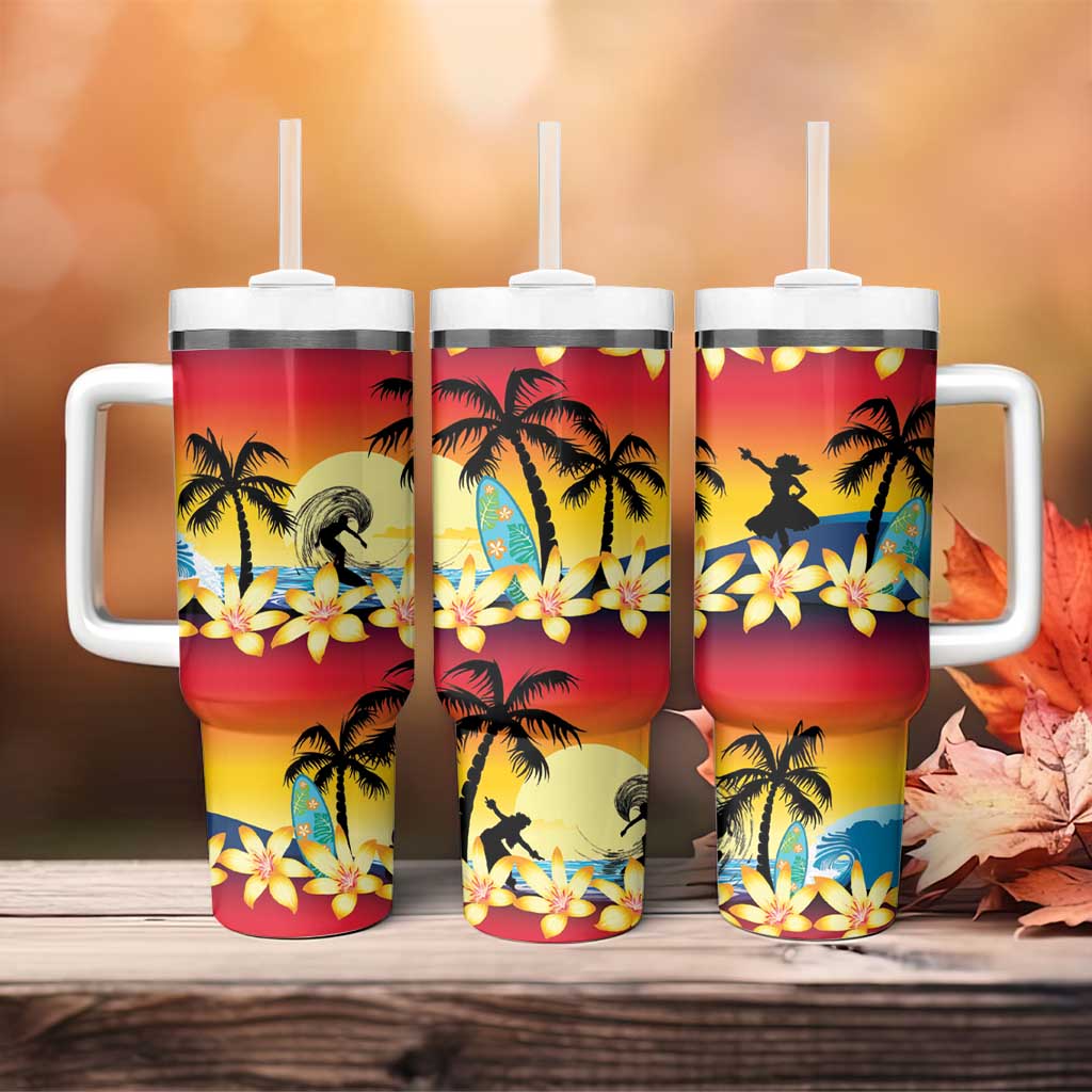Tropical Islands Sunset Hawaii Tumbler With Handle Go Surfing With Hula Girl - Summer Vibes LT14 - Polynesian Pride