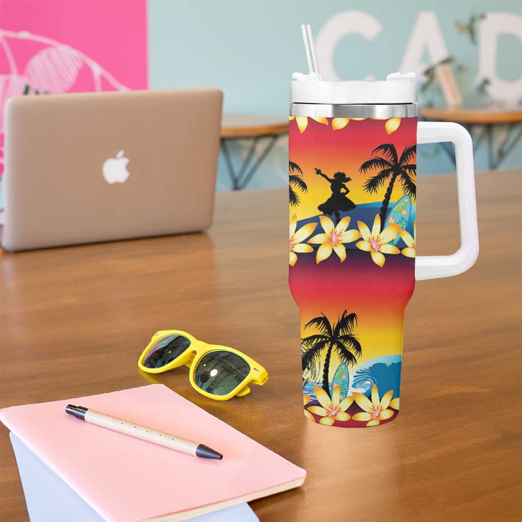 Tropical Islands Sunset Hawaii Tumbler With Handle Go Surfing With Hula Girl - Summer Vibes LT14 - Polynesian Pride