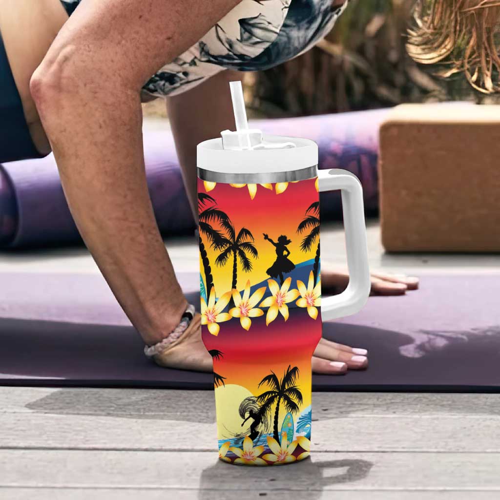Tropical Islands Sunset Hawaii Tumbler With Handle Go Surfing With Hula Girl - Summer Vibes LT14 - Polynesian Pride
