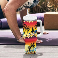 Tropical Islands Sunset Hawaii Tumbler With Handle Go Surfing With Hula Girl - Summer Vibes LT14 - Polynesian Pride