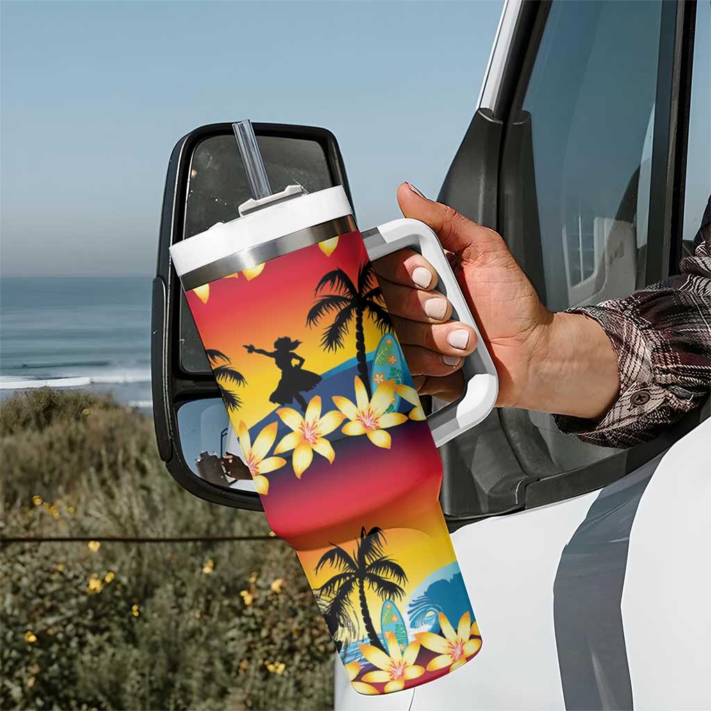 Tropical Islands Sunset Hawaii Tumbler With Handle Go Surfing With Hula Girl - Summer Vibes LT14 - Polynesian Pride