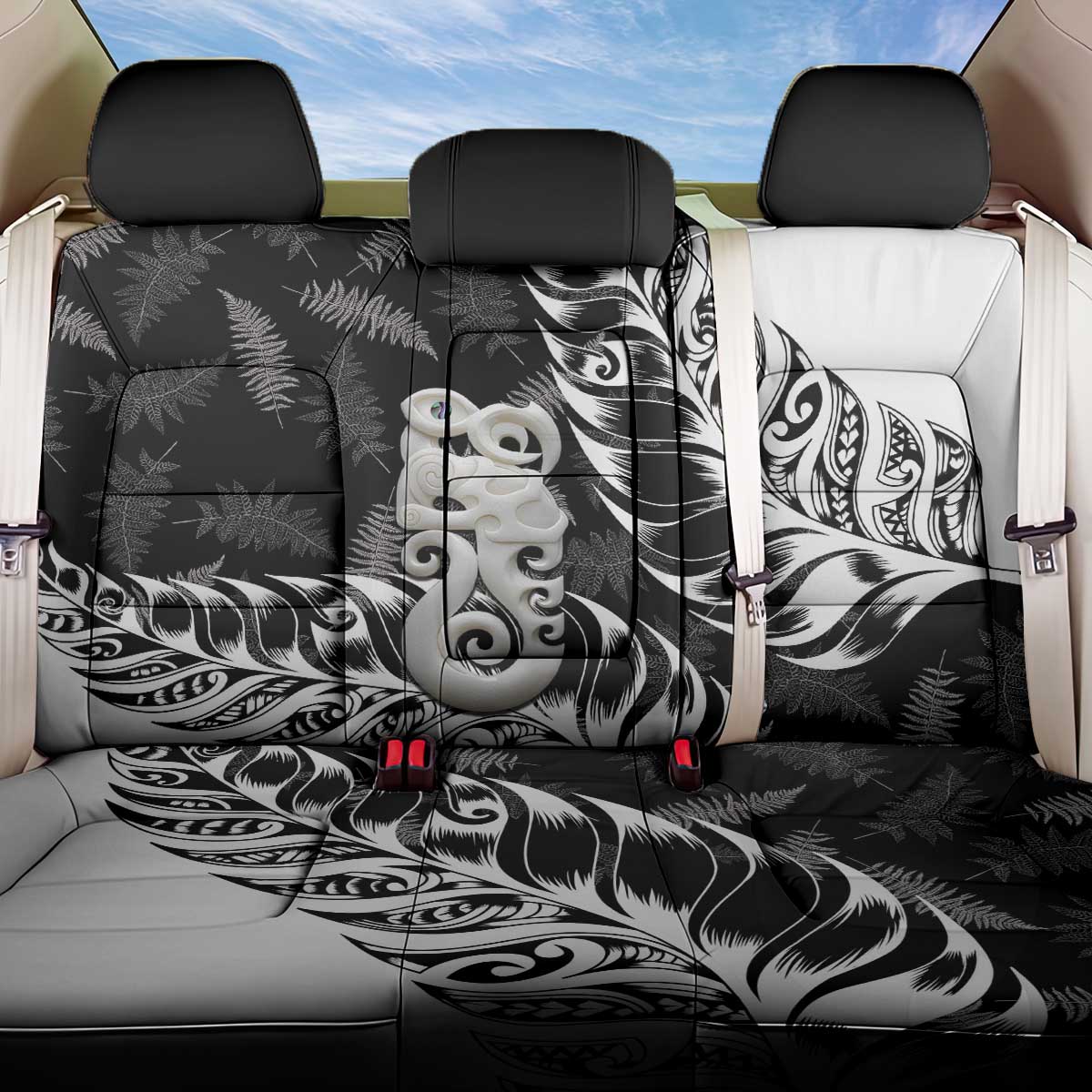 Aotearoa Manaia NZ Maori Silver Fern Back Car Seat Cover LT14 One Size Black - Polynesian Pride
