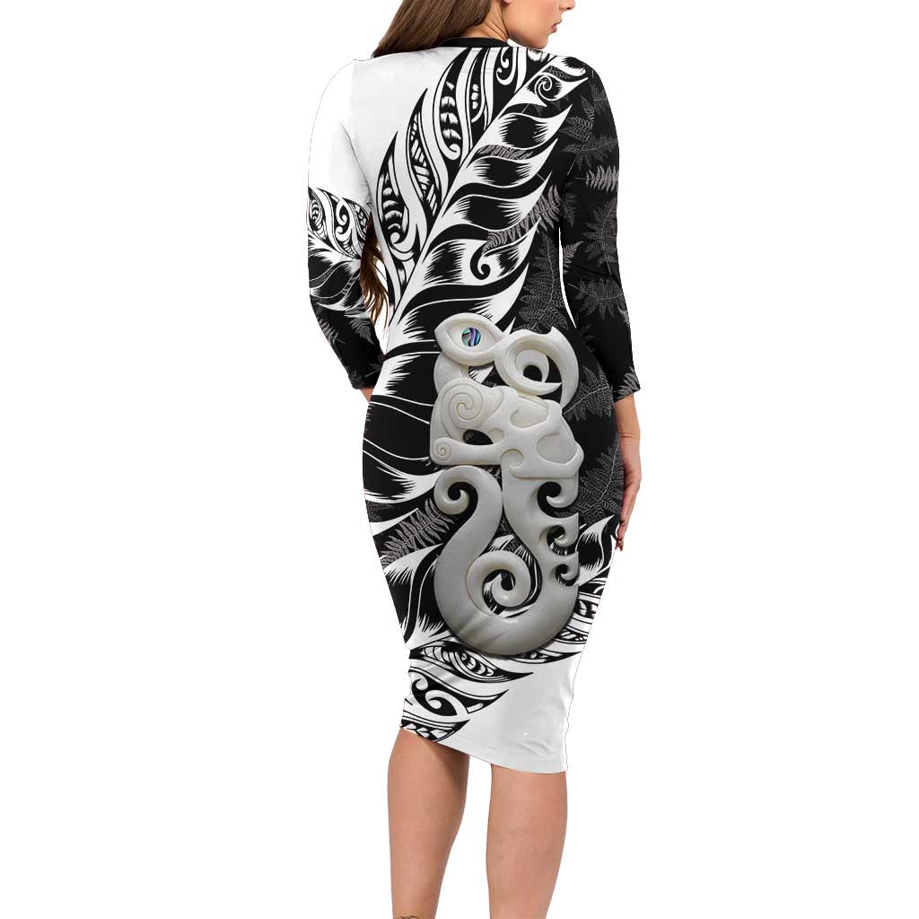 Aotearoa Manaia NZ Maori Silver Fern Long Sleeve Bodycon Dress LT14 - Polynesian Pride