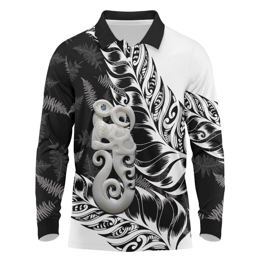 Aotearoa Manaia NZ Maori Silver Fern Long Sleeve Polo Shirt LT14 Black - Polynesian Pride