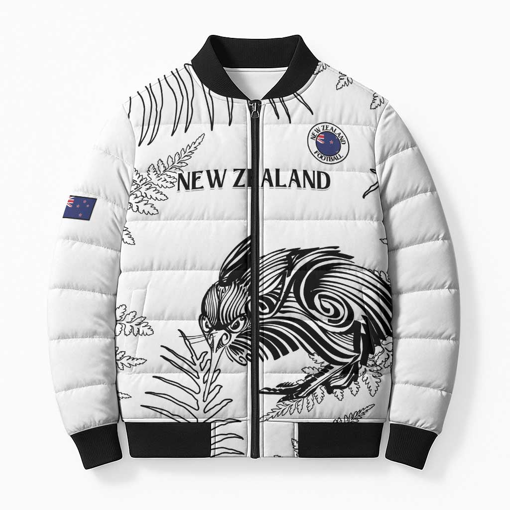 Custom New Zealand Kiwi Football Bomber Puffer Jacket Aotearoa Silver Fern LT14 Unisex White - Polynesian Pride
