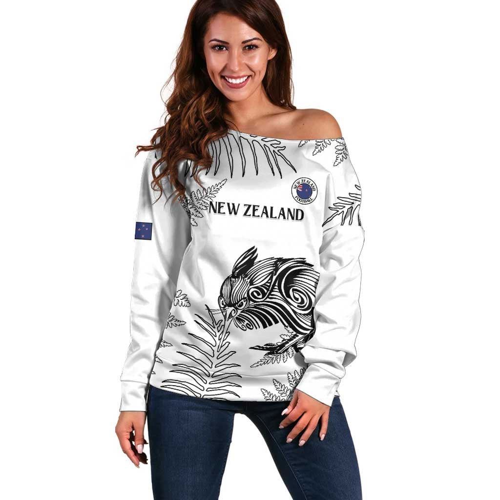 Custom New Zealand Kiwi Football Off Shoulder Sweater Aotearoa Silver Fern LT14 Women White - Polynesian Pride