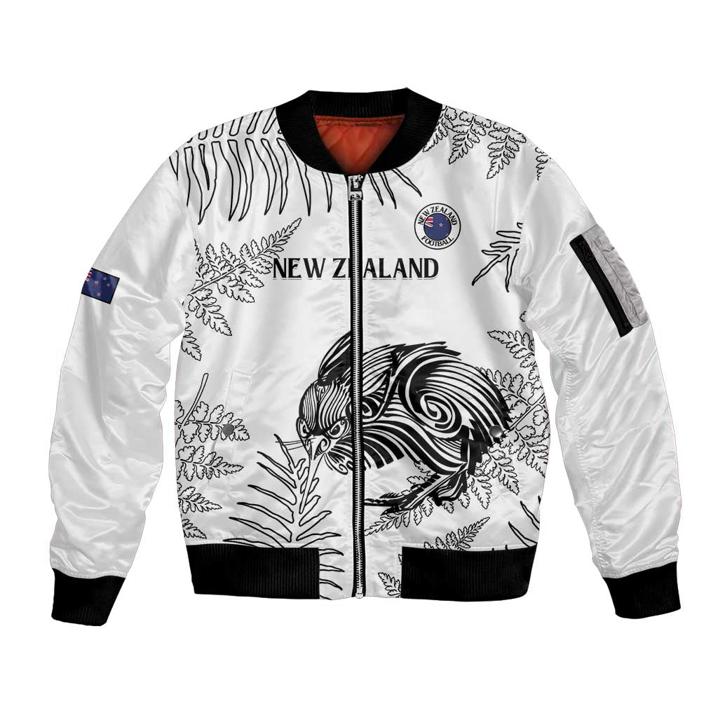 Custom New Zealand Kiwi Football Sleeve Zip Bomber Jacket Aotearoa Silver Fern LT14 Unisex White - Polynesian Pride