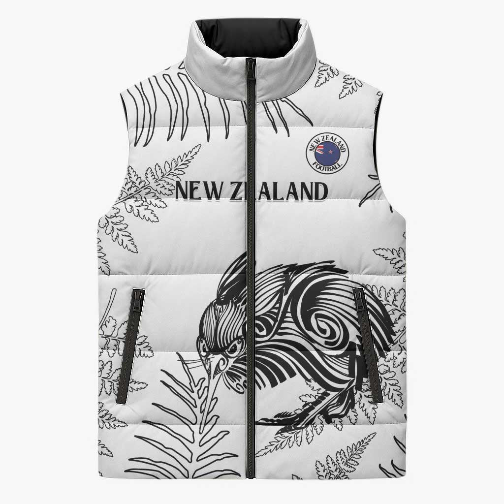 Custom New Zealand Kiwi Football Sleeveless Puffer Jacket Aotearoa Silver Fern LT14 Unisex White - Polynesian Pride