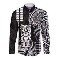 Hawaii Ku God Long Sleeve Button Shirt Kakau Mix Polynesian Tattoo LT14 Unisex Black - Polynesian Pride