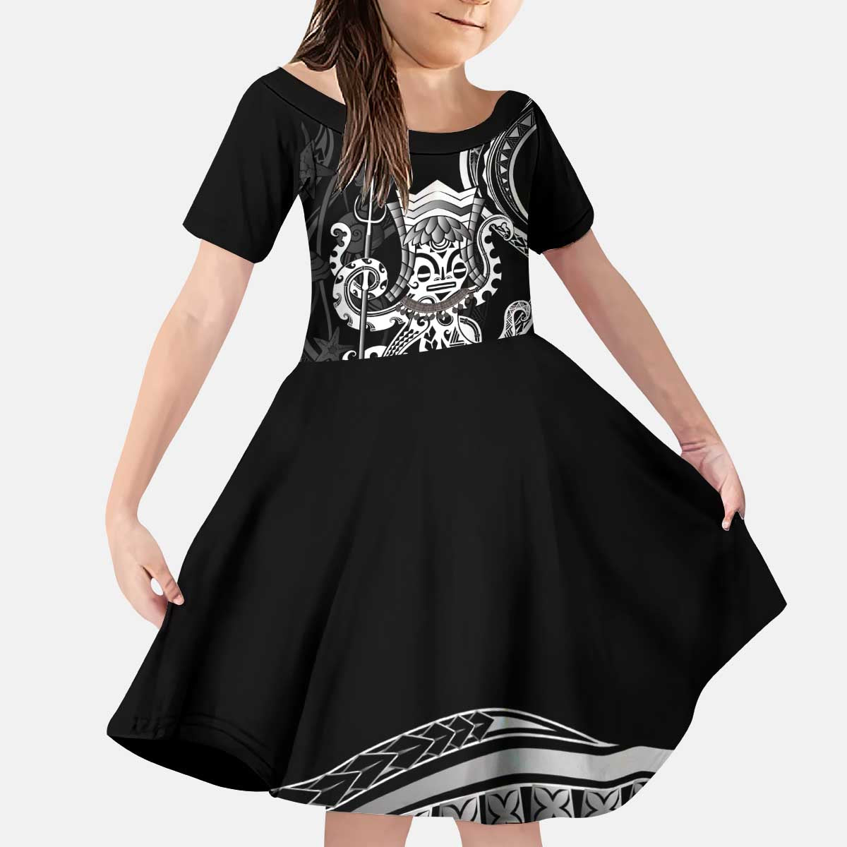 Black Hawaii Kanaloa God Kid Short Sleeve Dress Hawaiian Octopus LT14 KID Black - Polynesian Pride