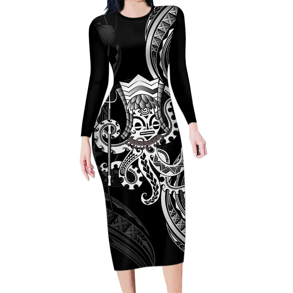 Black Hawaii Kanaloa God Long Sleeve Bodycon Dress Hawaiian Octopus LT14 Long Dress Black - Polynesian Pride