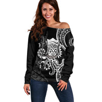 Black Hawaii Kanaloa God Off Shoulder Sweater Hawaiian Octopus LT14 Women Black - Polynesian Pride