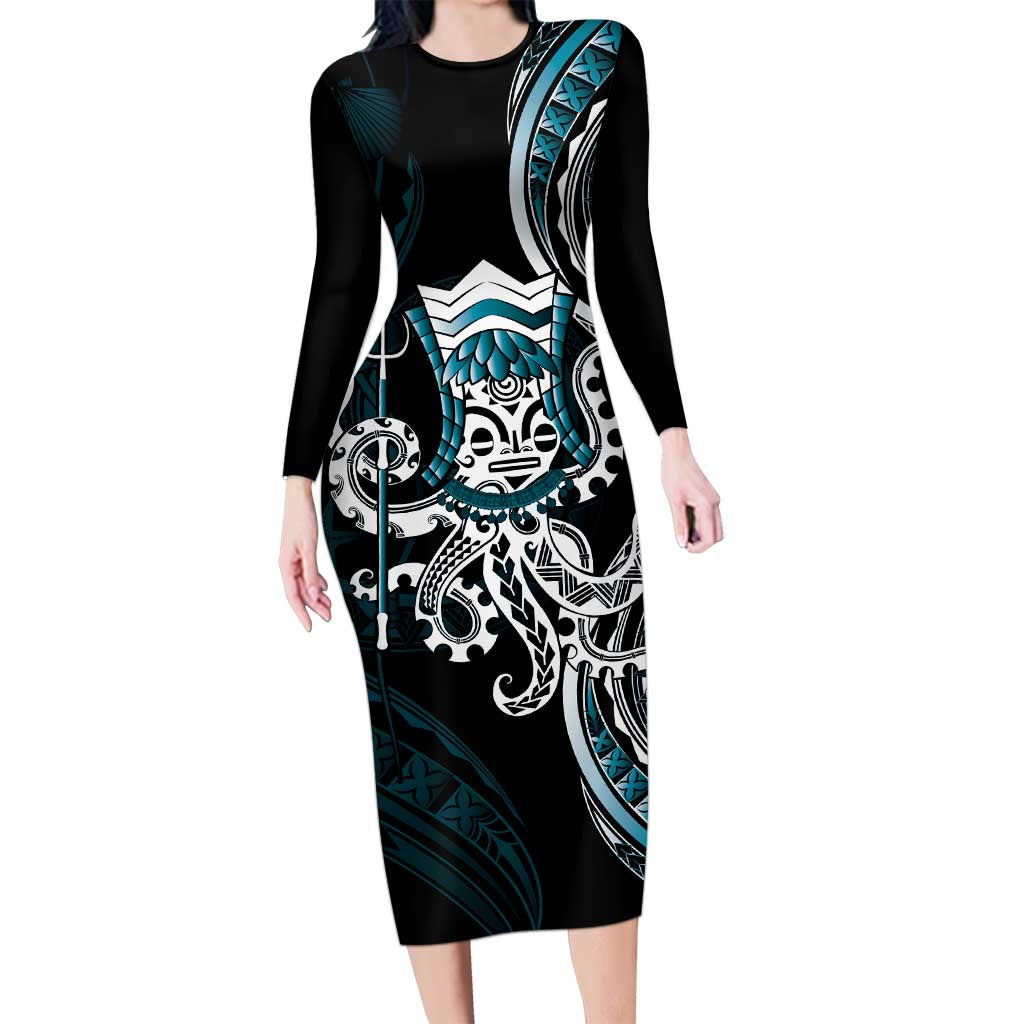 Turquoise Hawaii Kanaloa God Long Sleeve Bodycon Dress Hawaiian Octopus LT14 Long Dress Turquoise - Polynesian Pride