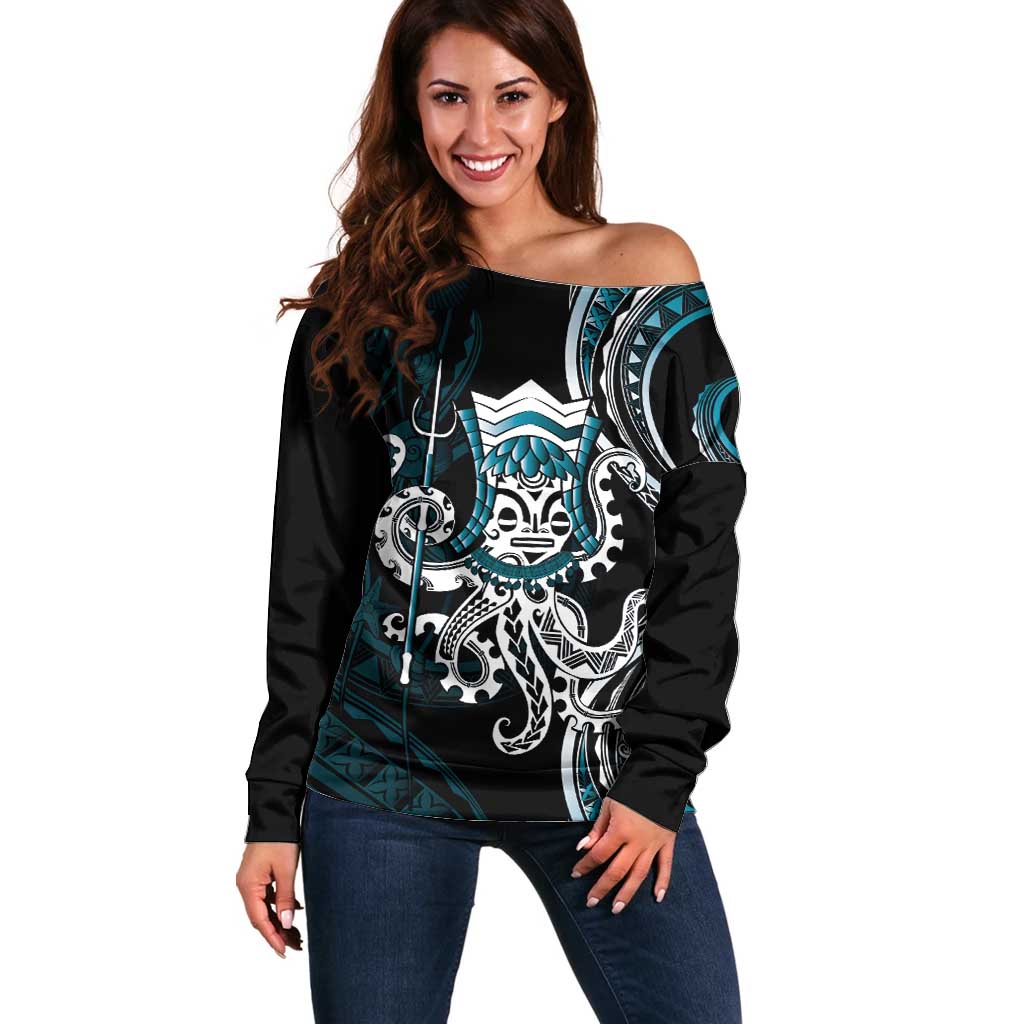 Turquoise Hawaii Kanaloa God Off Shoulder Sweater Hawaiian Octopus LT14 Women Turquoise - Polynesian Pride
