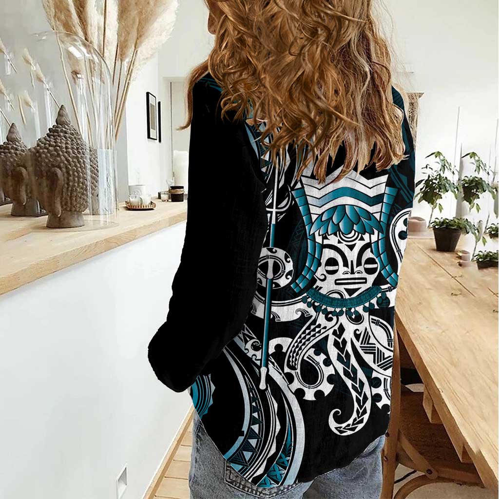 Turquoise Hawaii Kanaloa God Women Casual Shirt Hawaiian Octopus LT14 - Polynesian Pride