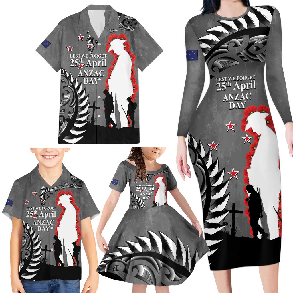 New Zealand ANZAC Day Family Matching Long Sleeve Bodycon Dress and Hawaiian Shirt 25th April Silver Fern With Poppy