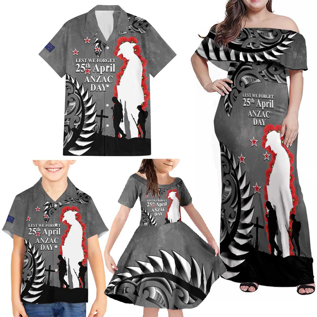 New Zealand ANZAC Day Family Matching Off Shoulder Maxi Dress and Hawaiian Shirt 25th April Silver Fern With Poppy